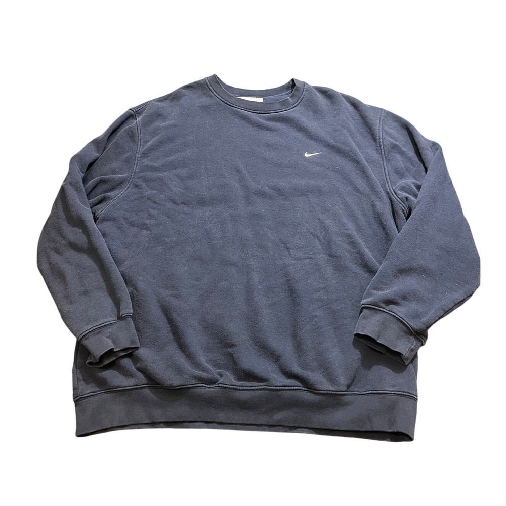Y2K Nike Crewneck‎ Sweatshirt Mens XL Navy Blue Embroidered Mini Swoosh Pullover